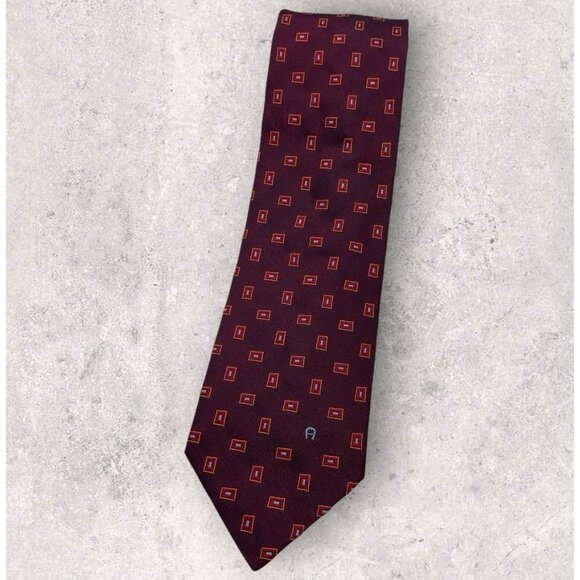 ETIENNE AIGNER Silk Tie ITALY Burgundy Geometric Logo W:3.7" EUC - Picture 1 of 5